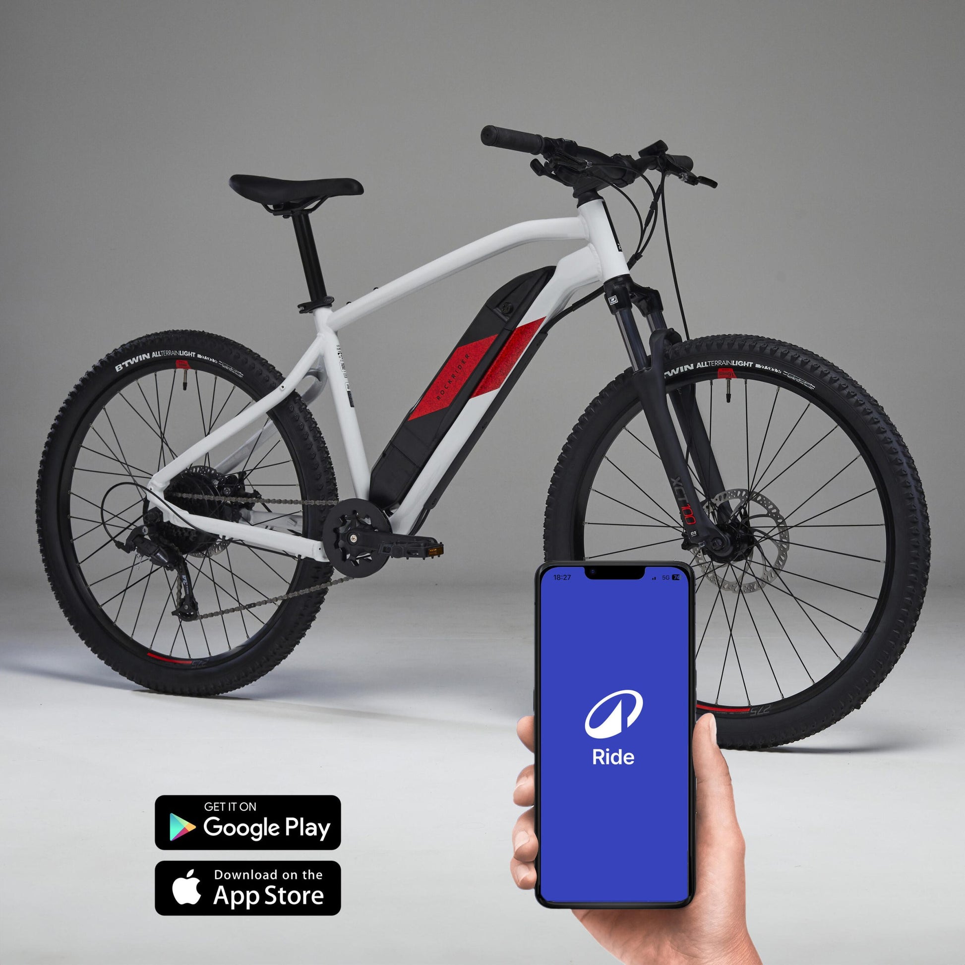 bicicleta eléctrica de montaña Rockrider E-ST 100 Blanco/Rojo 27,5″ con batería de 380 Wh