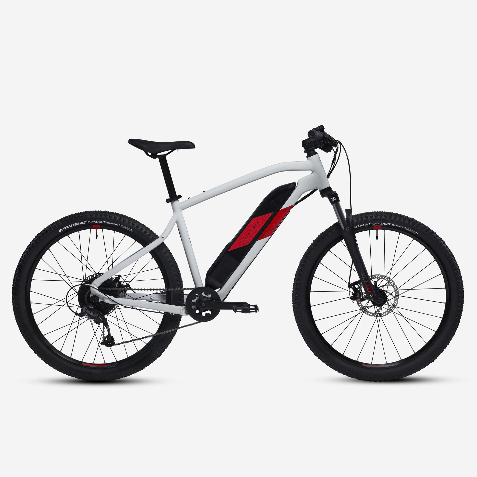 bicicleta eléctrica de montaña Rockrider E-ST 100 Blanco/Rojo 27,5″ con batería de 380 Wh